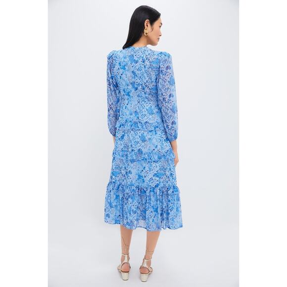 HYACINTH HOUSE Blue Multi Abstract Floral Rosalind Ruffle Midi Dress Size M NWT - Picture 2 of 10